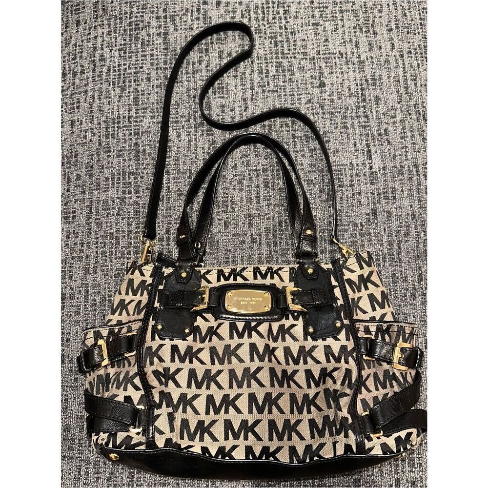 Michael Kors Large Zip Crossbody Bag with Top Handle Black canvas Monogram
